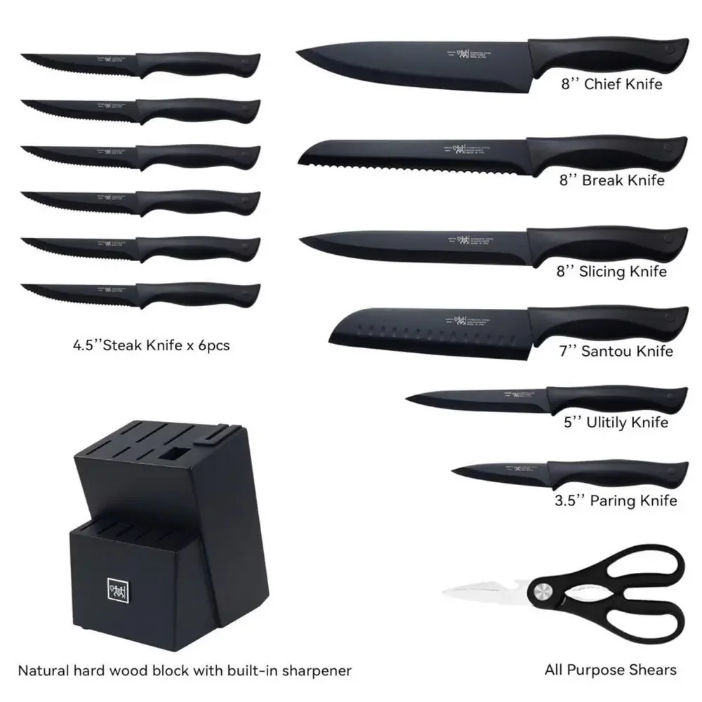 HUNTER.DUAL 15-Piece Kitchen Knife Set with Self-Sharpening Bloc, Black